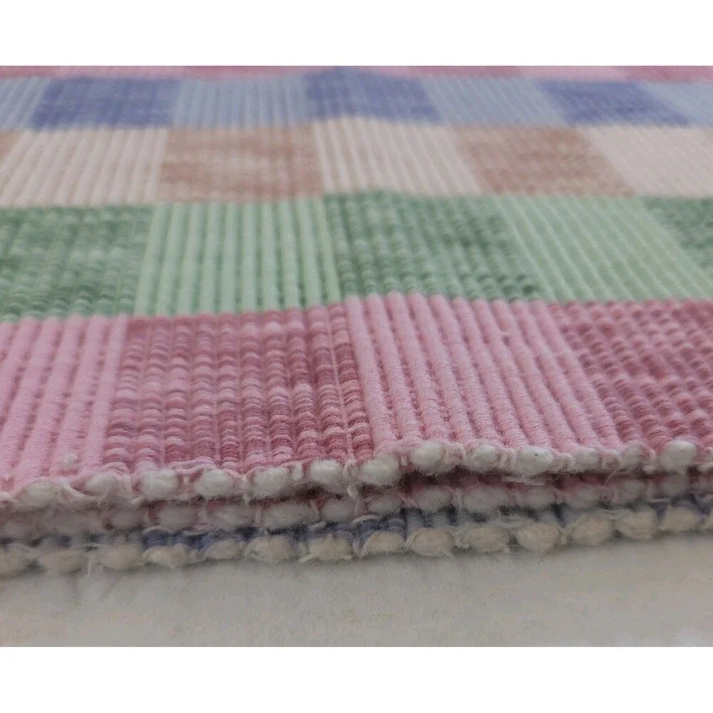 4 Vtg Pastel Plaid Woven Placemats Pink Blue Green Fringed Boho Cottage 13x17